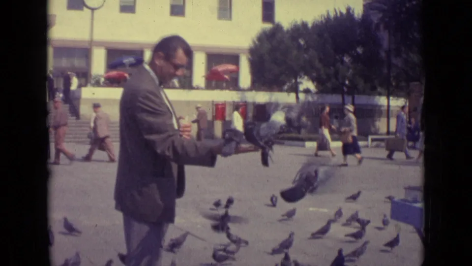 A 1962 Venice home-movie frame shows the man feeding pigeons at close range as several pedestrians cross the open square.