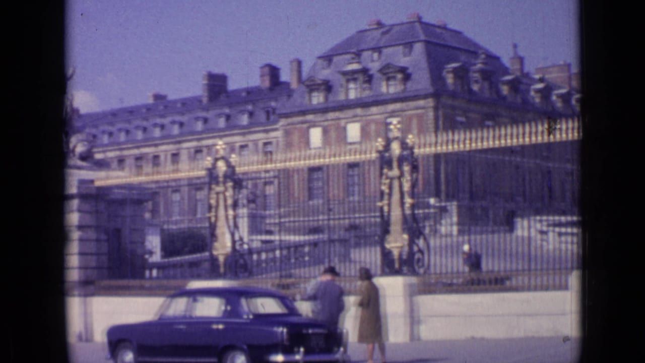 Dark car beside pedestrians in front of the Versailles gates and palace facade.