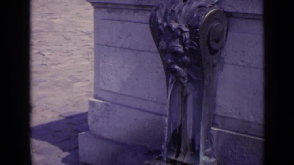 Close 8mm view of an ornate stone fountain in Versailles, with water running down carved forms beside cobbled paving.