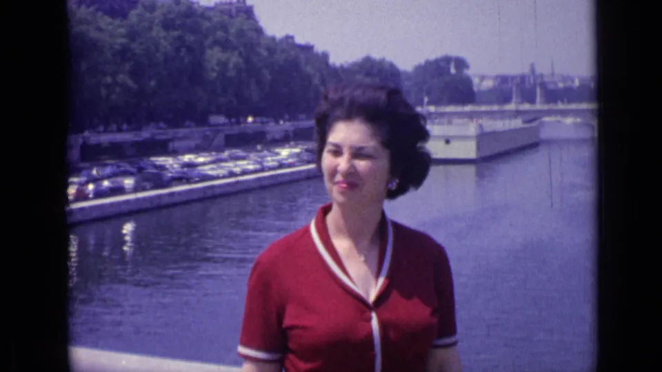 The woman looks to the side on a Versailles river bridge, with parked cars and trees lining the far bank.