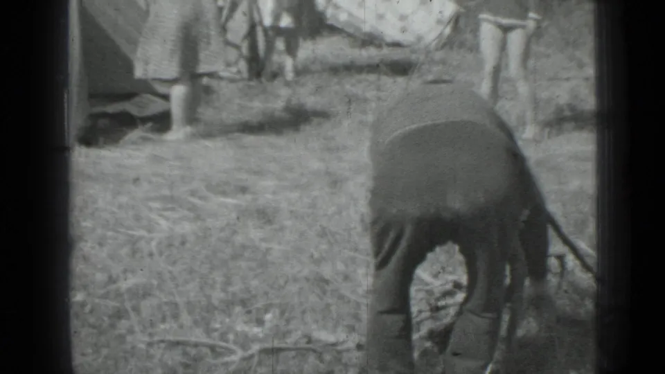 1967 home-movie frame of a dog in the foreground with adults, grass, and canvas tents behind it at a campsite.