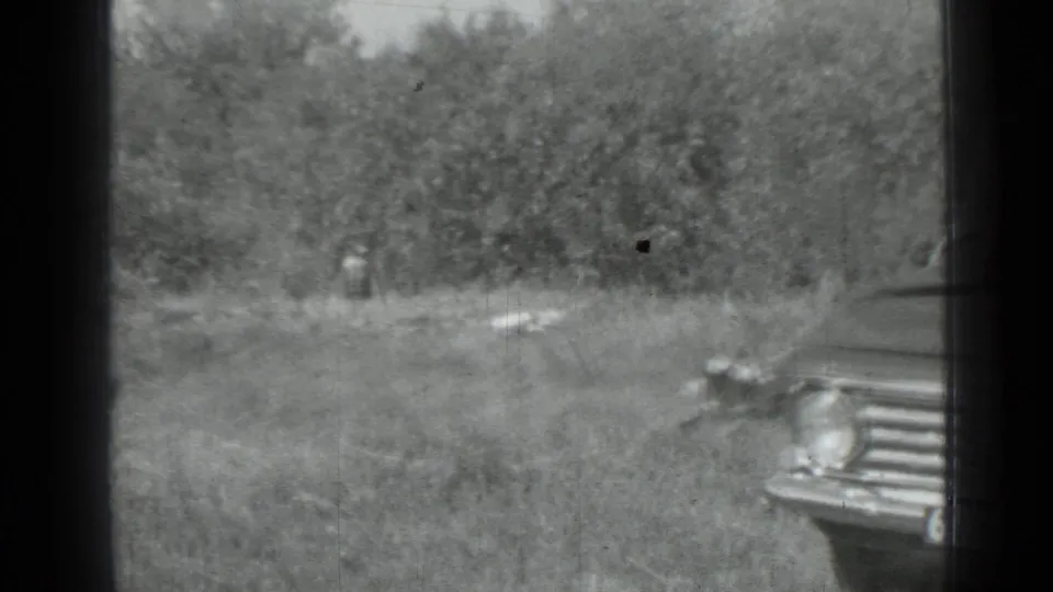 1967 home-movie frame from Saint Petersburg metadata showing part of a parked sedan beside grass and trees.