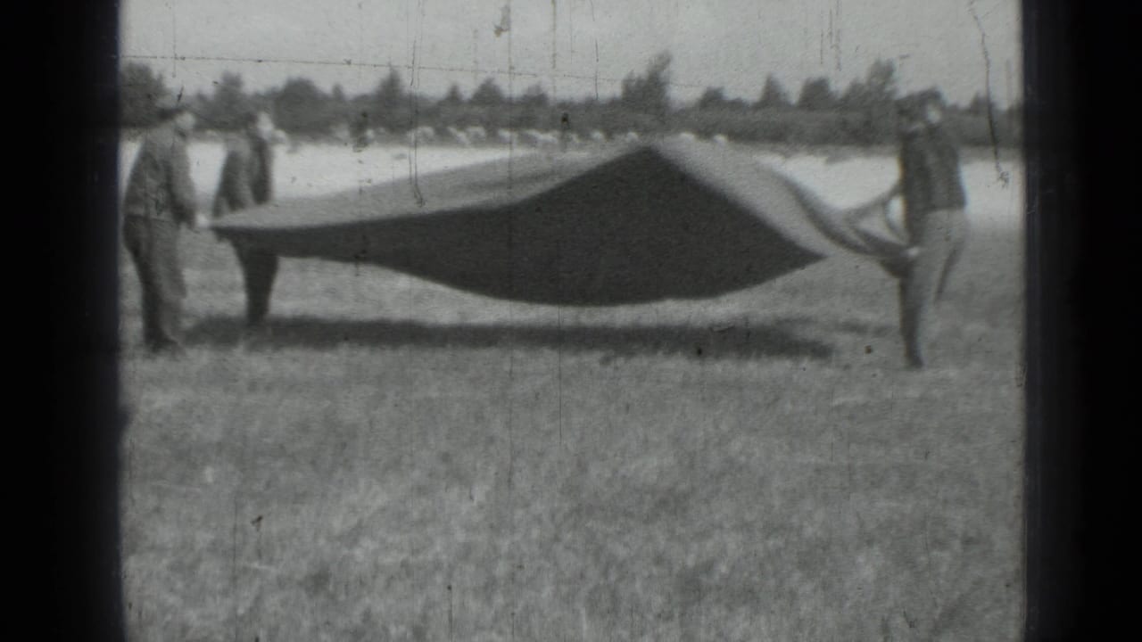 The group spreads the large dark tarp or blanket in the field, with soft focus, grain, and a distant tree line visible.