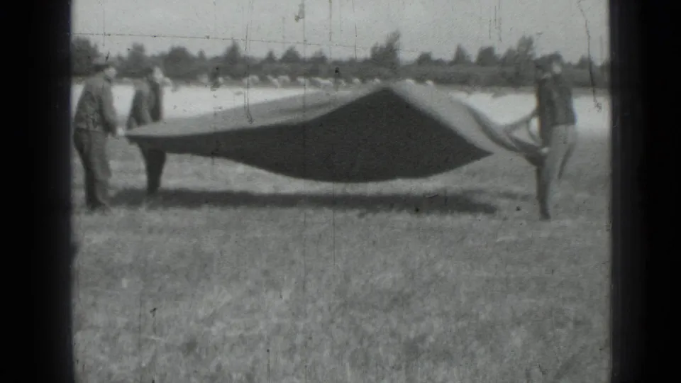 The group spreads the large dark tarp or blanket in the field, with soft focus, grain, and a distant tree line visible.
