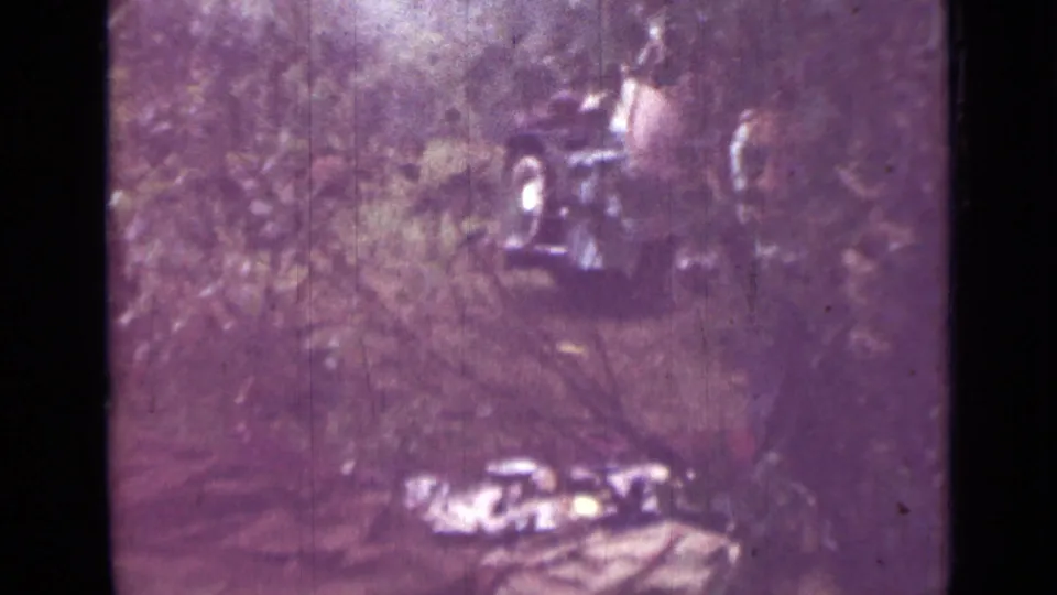 1967 Saint Petersburg 8mm frame showing brush and trees in a clearing, with indistinct background shapes and strong film fading.