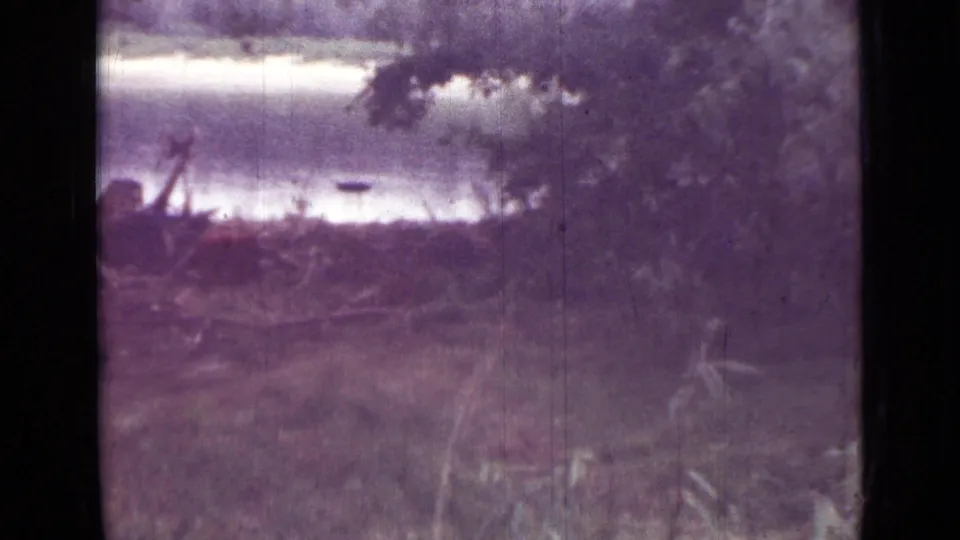 1967 home-movie frame looking through brush toward water, with a barely defined person near the shoreline and aged 8mm texture.