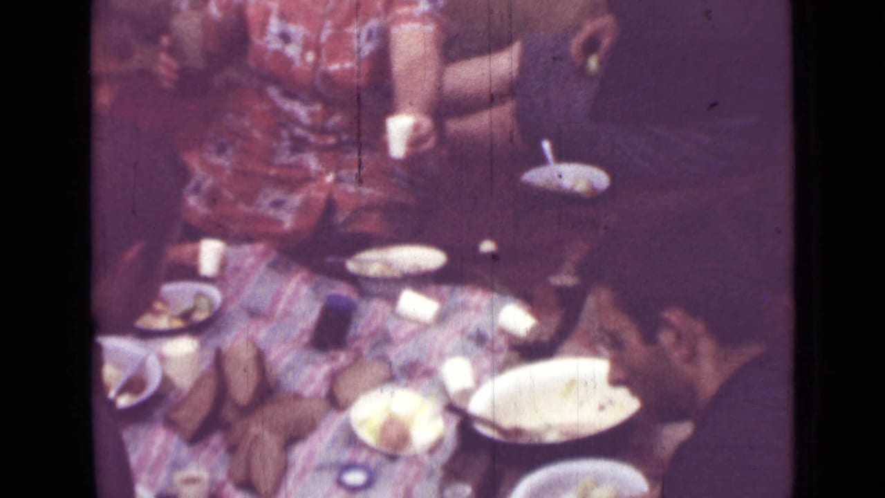 Adults gathered around a patterned picnic blanket with plates, cups, and food.