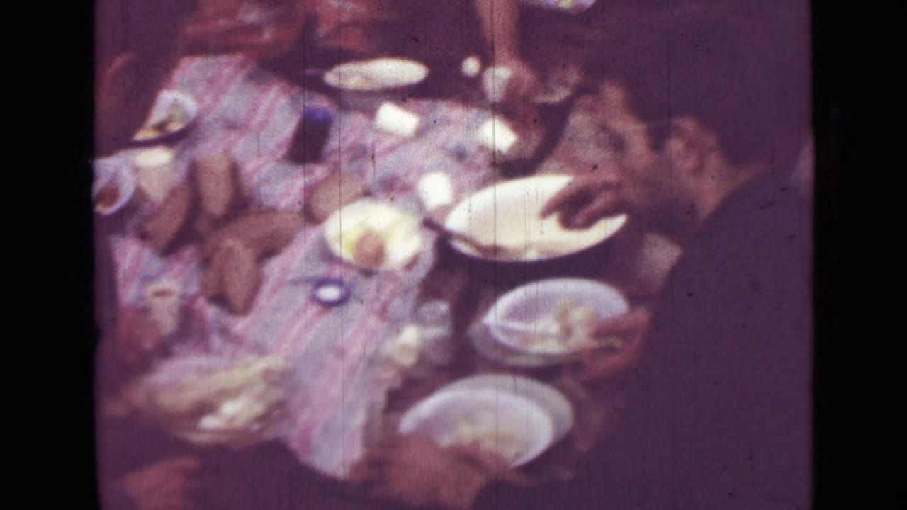Adults seated around a table with paper plates and food in soft 8mm color.
