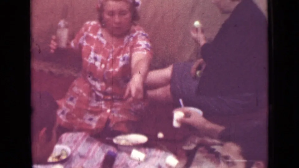 1967 8mm home-movie frame from Saint Petersburg metadata showing a woman at a lakeside picnic table with food, cups, and nearby adults.
