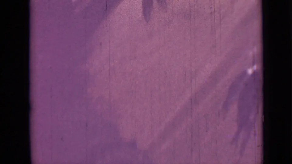 1967 8mm frame from Saint Petersburg metadata, showing a faint hooked fish shape against a purple-shifted surface.