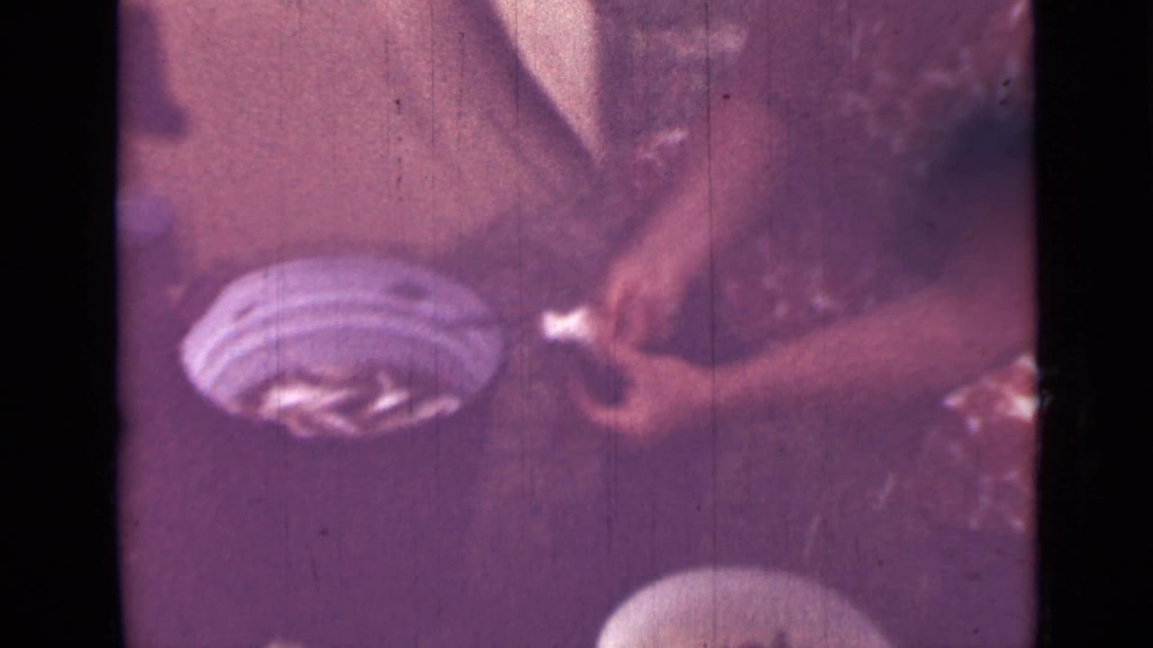 1967 Saint Petersburg home-movie frame showing hands working near a white bowl and small fish during domestic food preparation.
