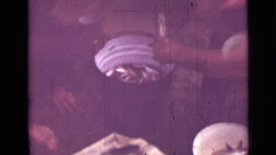1967 Saint Petersburg frame showing hands, a white bowl, and small fish in a close domestic food-preparation moment on 8mm film.