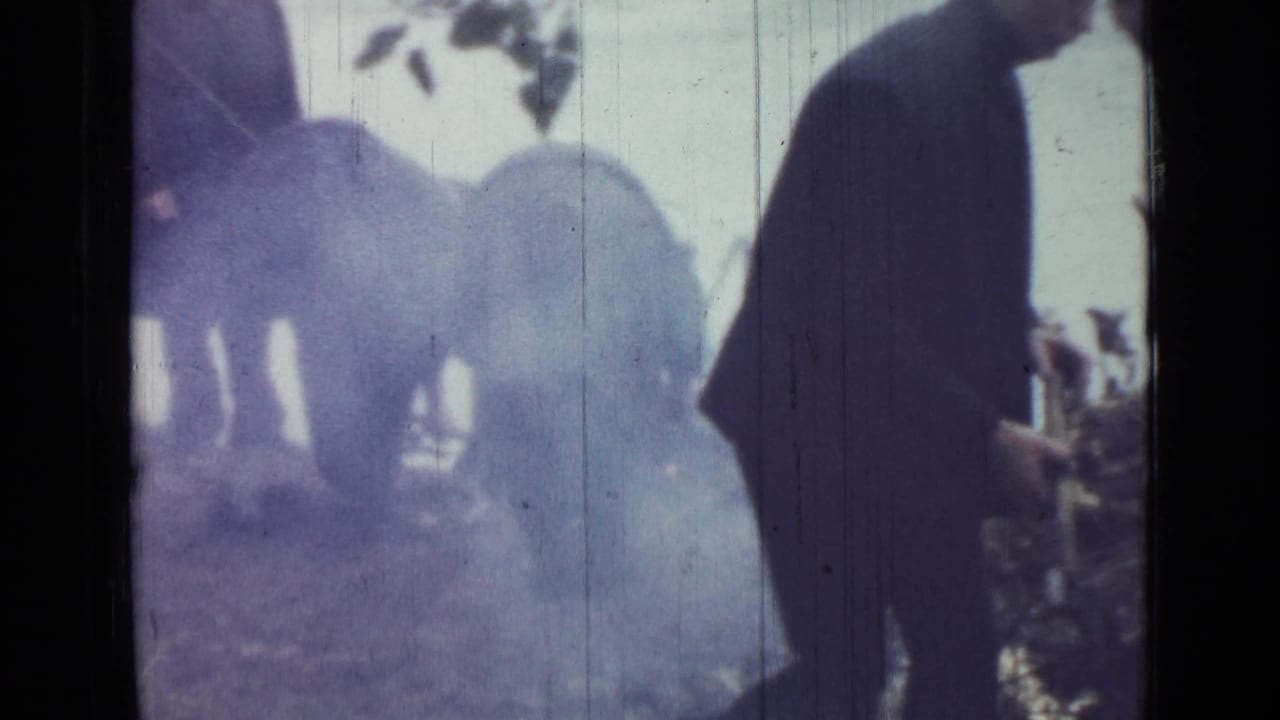 Faded 8mm frame from the 1967 Saint Petersburg clip with adults gathered near smoke or haze beside water.