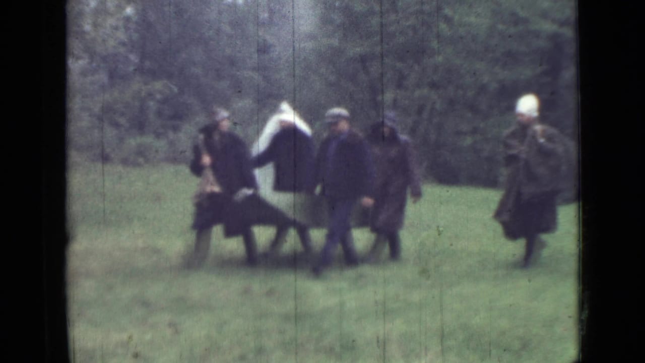 Adults carry or walk beside a stretcher across grass near trees.