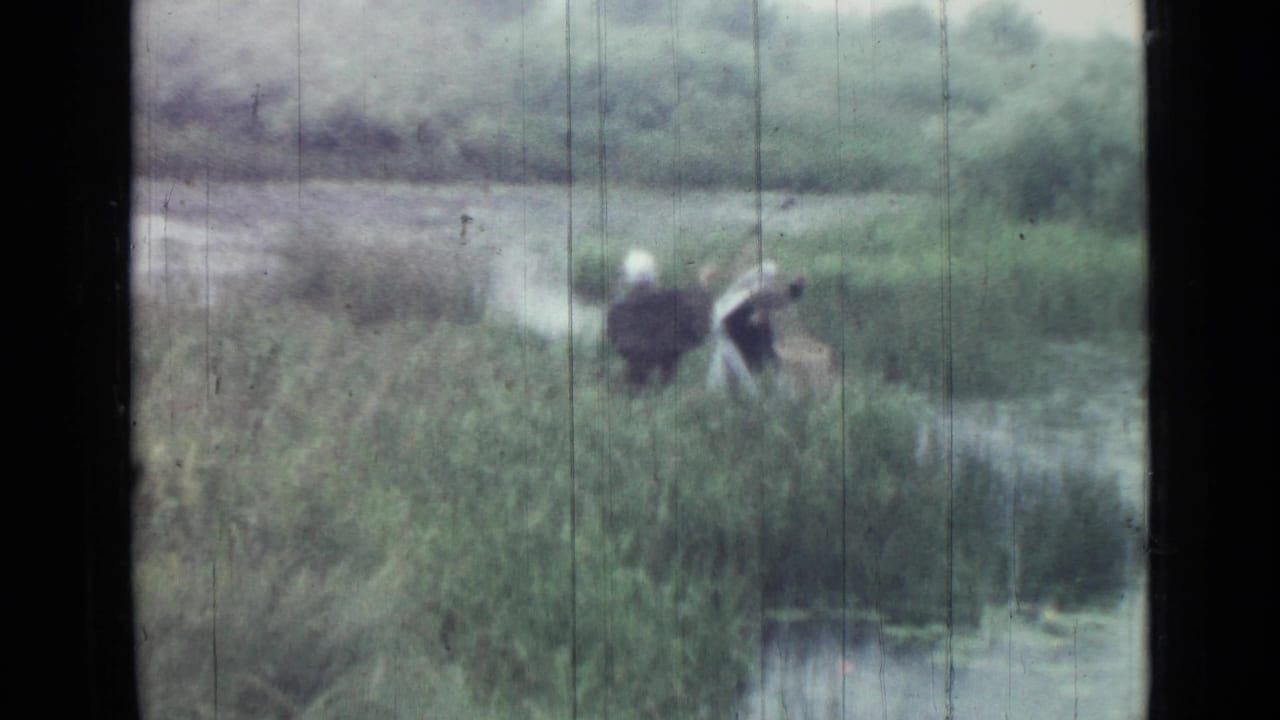 Two people in dark outerwear appear near reeds and water in a scratched 8mm frame.