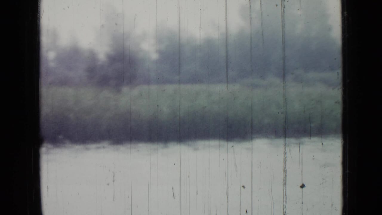 Small lake and grassy bank seen through a vertical dark window frame.