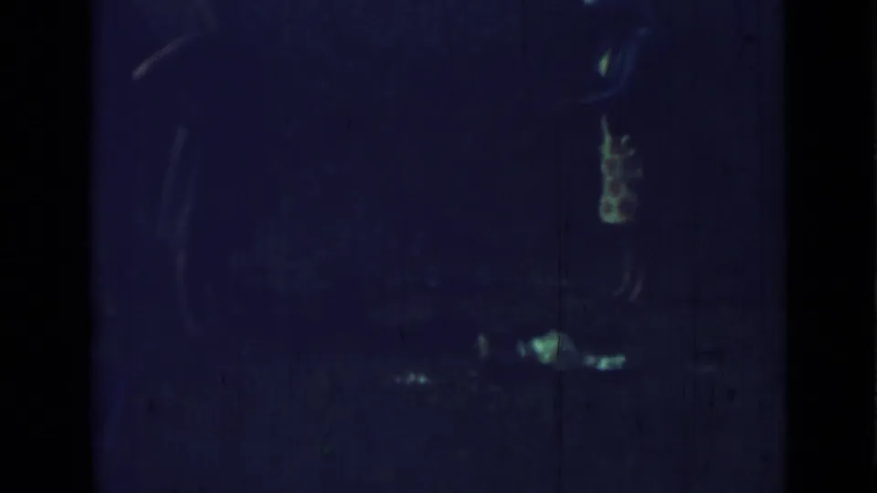 Blue-tinted 1967 home-movie frame showing indistinct silhouetted figures, reflective highlights, dark borders, and visible film wear.