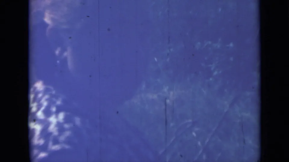 Blue-shifted 8mm frame with a partially visible person and vegetation during the outdoor camp cooking scene.