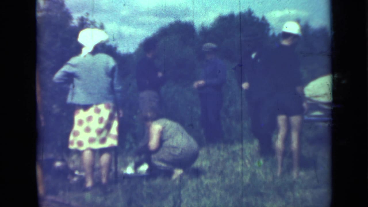 A woman in a headscarf and polka-dot skirt stands near people gathered in tall grass.