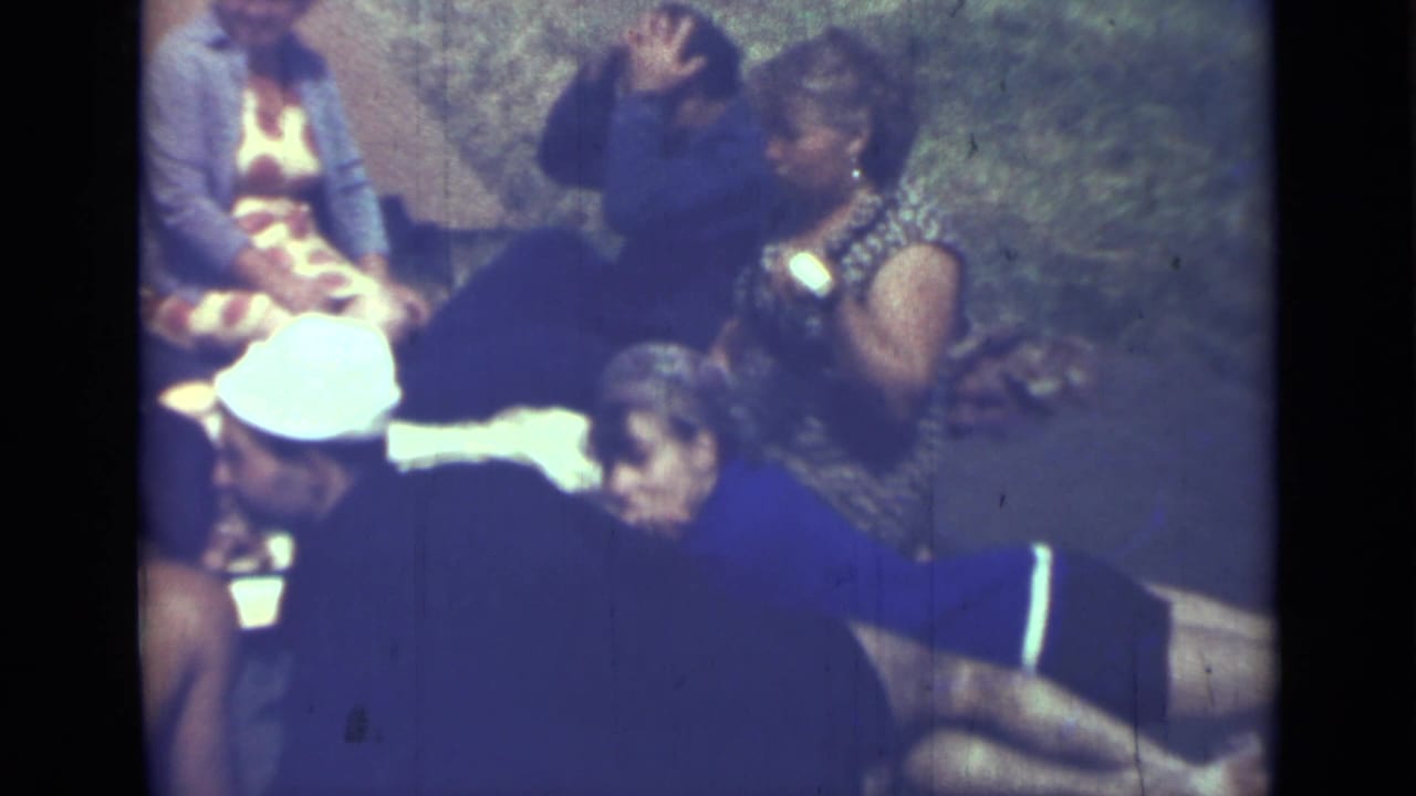 Adults seated outdoors on grass with picnic items and a man in a white cap.