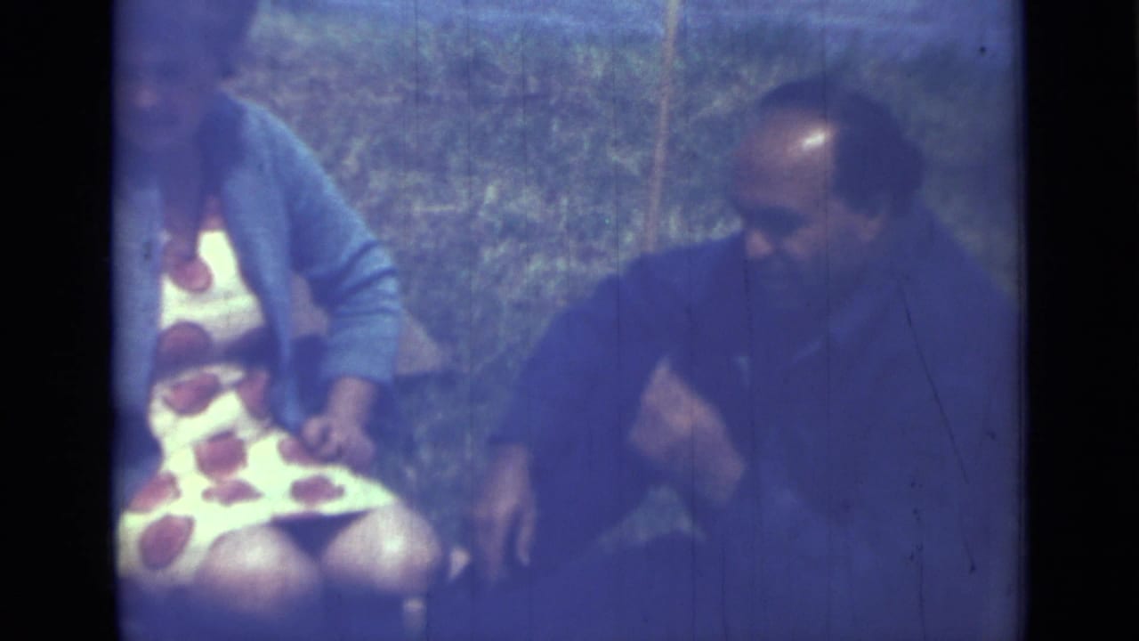 Woman in patterned dress and blue cardigan sits beside a man in a dark shirt on grass.
