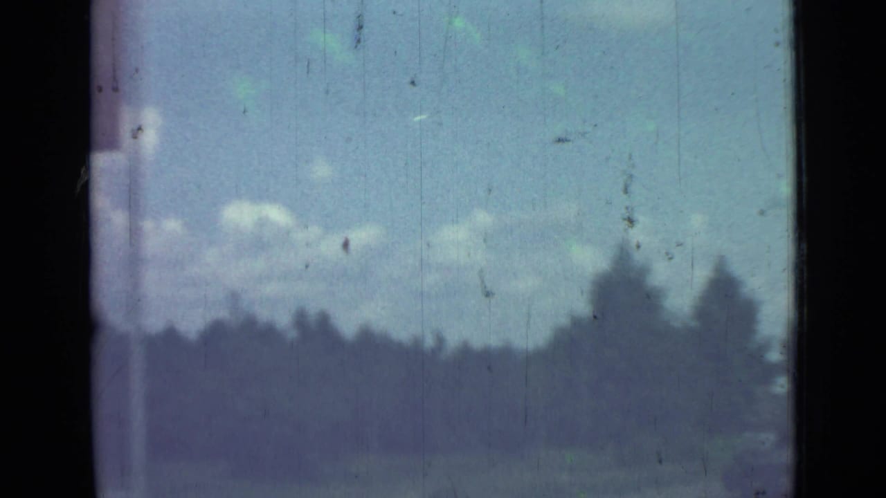 Soft roadside view from a moving vehicle with trees, sky, and film gate edges.