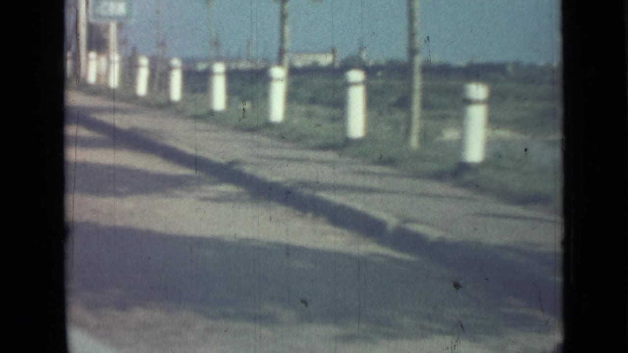 Paved roadside with white cylindrical posts and utility poles seen from a moving vehicle.