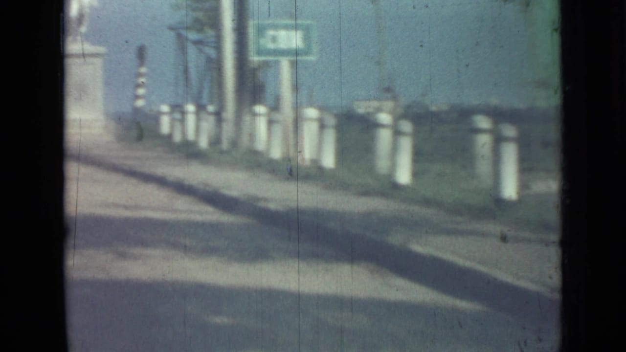 Roadside posts, utility poles, and a green sign beside a paved road.