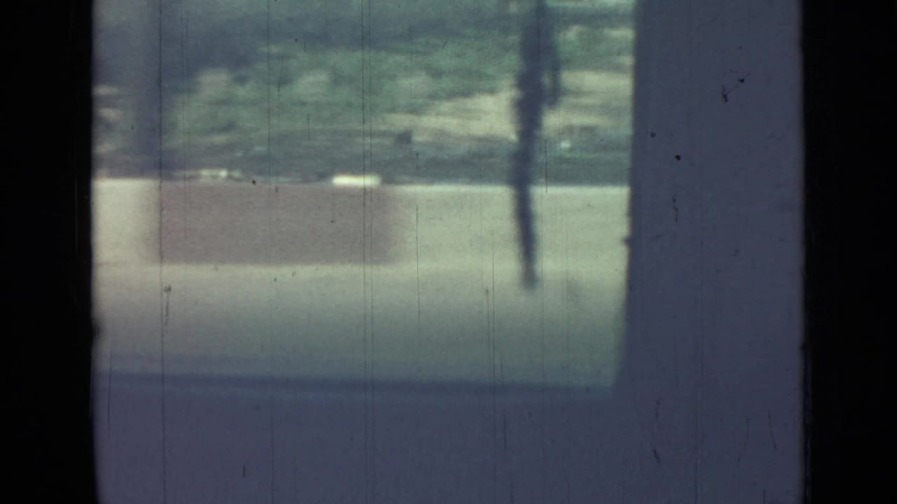 Blurred view through a car window with dark vertical pillars and pale roadside ground.