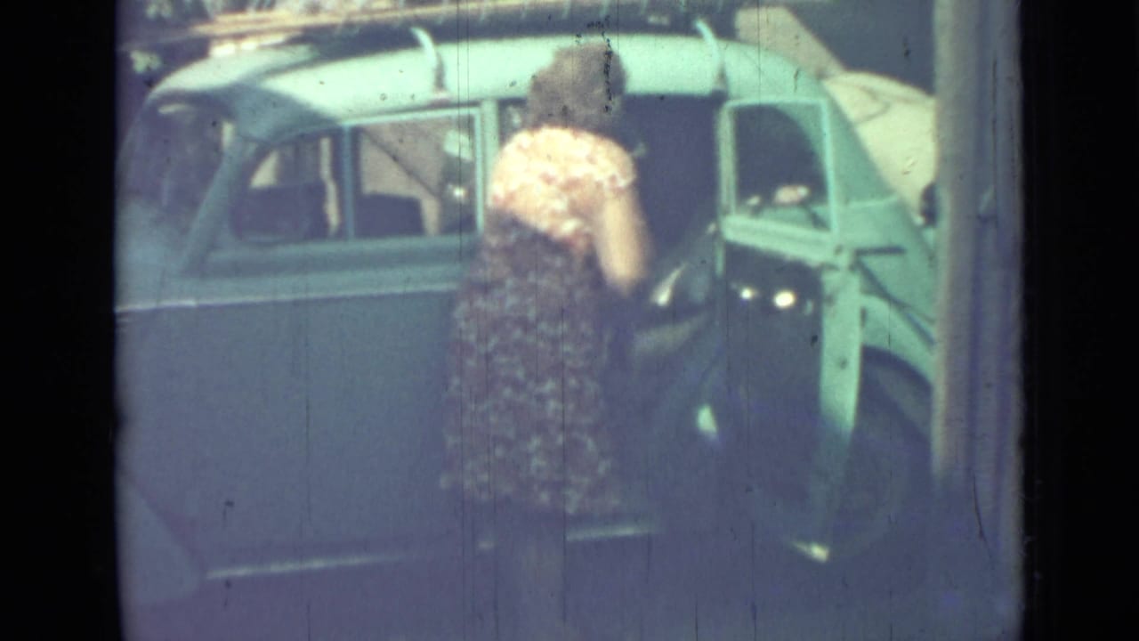 Woman standing beside the open door of a blue sedan with roof rack.