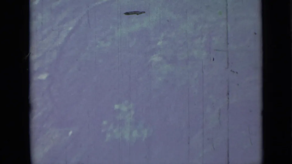 The camera drifts away from the figures to a soft view of hillside ground and faint plants, with strong 8mm scratches and dust visible.