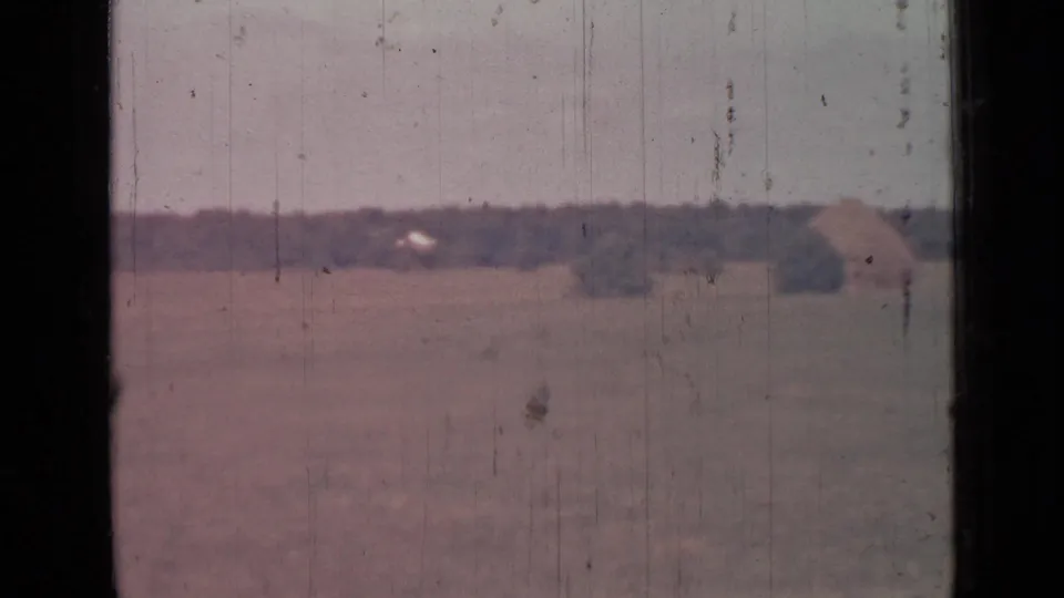 Soft 1967 8mm view near Saint Petersburg with open grassland, a far tree line, and indistinct pale forms in the distance.