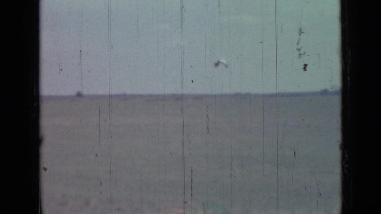 Distant shoreline under a pale sky, seen through scratched 8mm film framing.