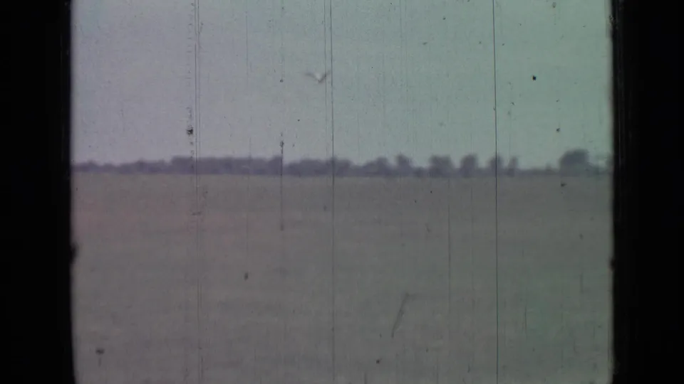 Muted 8mm frame of open water and a low shoreline, with a small bird-like speck against the pale sky or horizon.