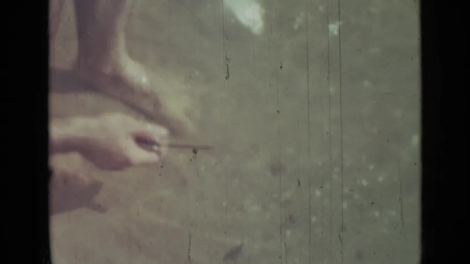 1967 Saint Petersburg home-movie frame showing a person’s hand using a small tool near fish on wet or sandy shoreline ground.