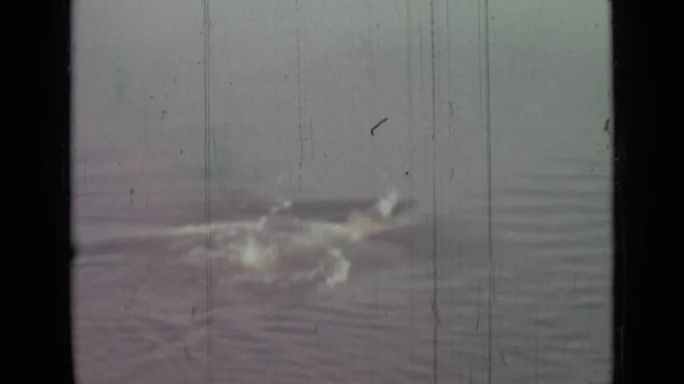 The boy is partly submerged while swimming, with bright splash marks and ripples visible across the water.