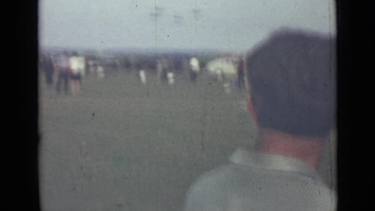 Spectators in a grassy field watch an airshow from behind a foreground viewer.