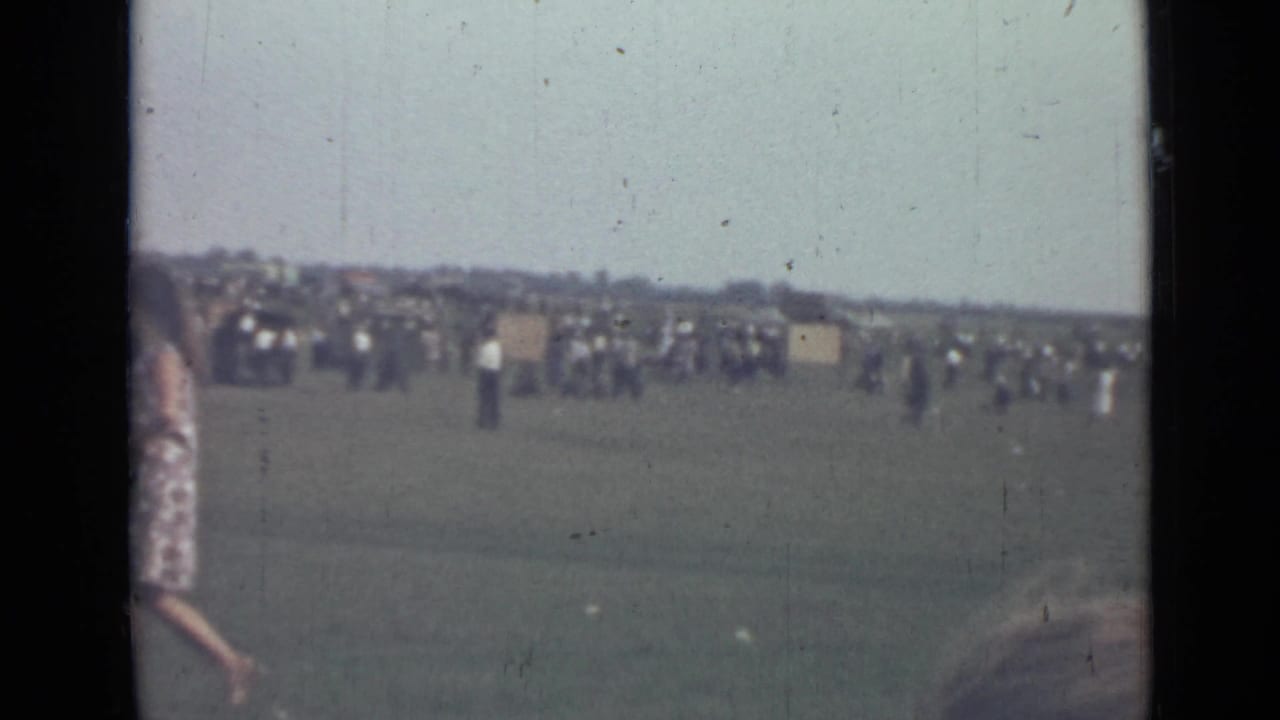 Crowd gathered across a grassy field with a partial woman at the left edge.
