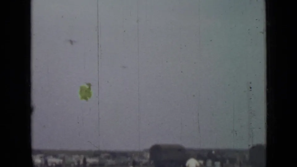 Small aircraft appears as a tiny dark speck against a scratched pale sky above the 1967 Saint Petersburg field scene.
