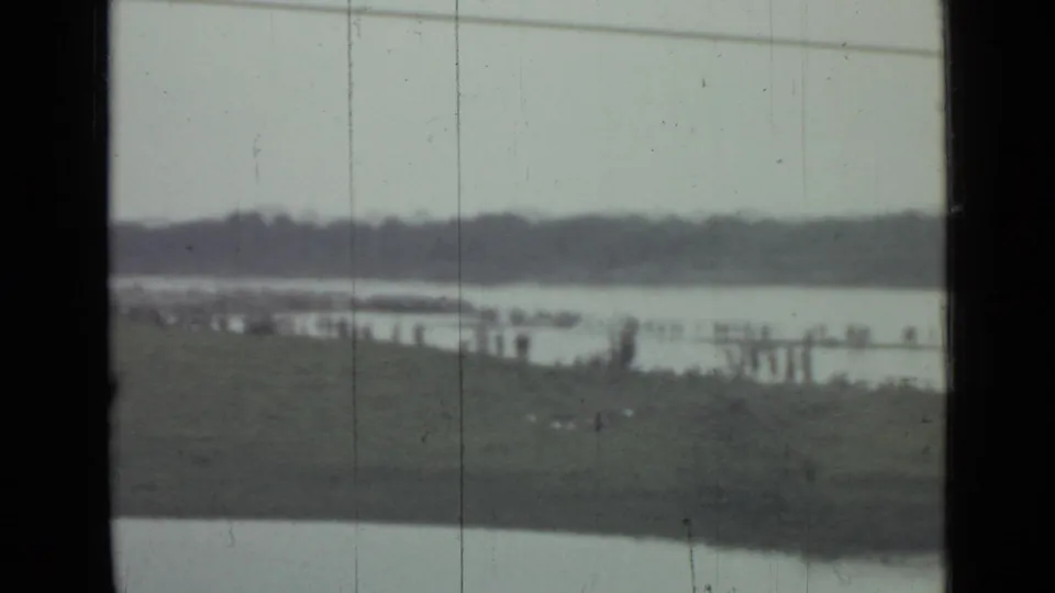 1967 Saint Petersburg riverside footage showing a distant crowd along the water, grassy banks, and a tree-lined horizon.