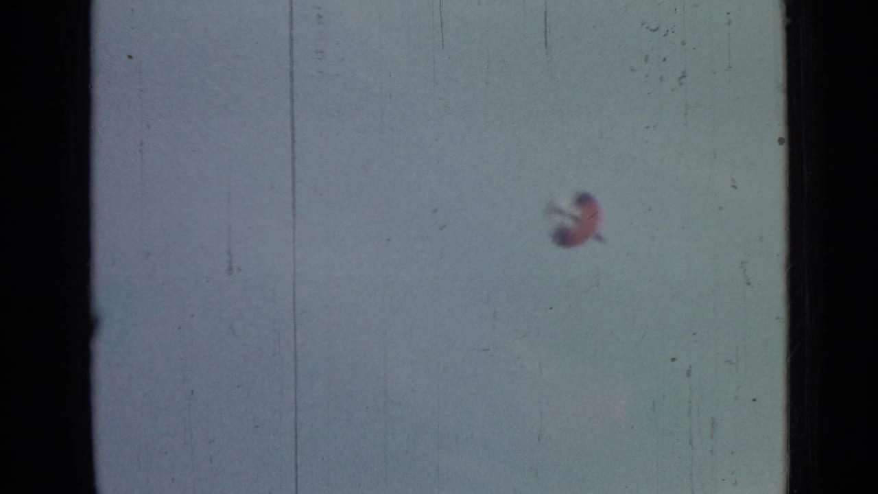 Small red parachute canopy descending in a pale sky beside dark 8mm frame borders.