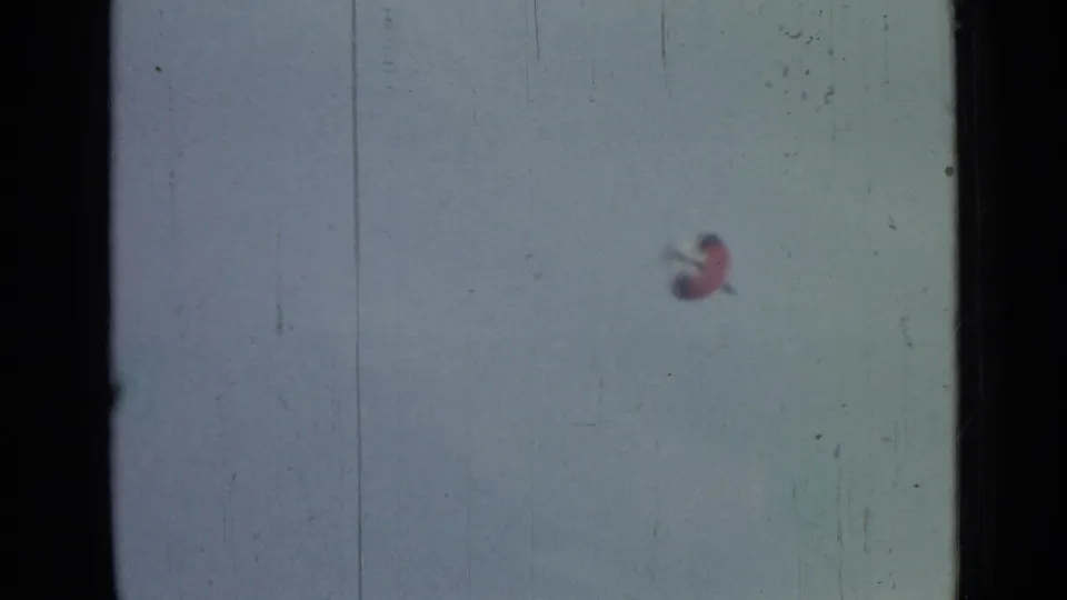 1967 Saint Petersburg 8mm frame showing a distant parachutist under a small canopy against a pale sky, with film scratches and gate edges.