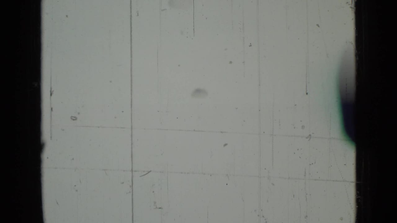 A pale, scratched 8mm frame from the Saint Petersburg lake sequence, with a faint horizon and dark edge shape at right.