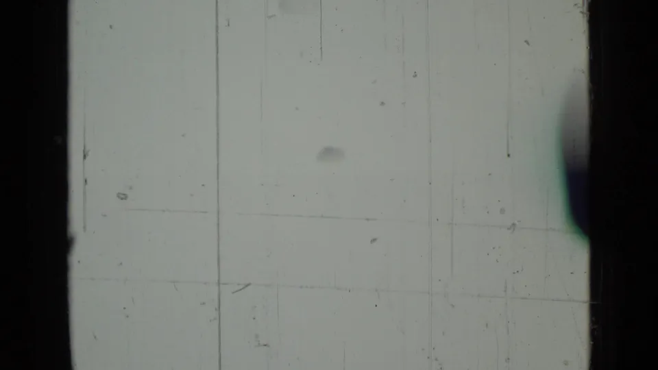 A pale, scratched 8mm frame from the Saint Petersburg lake sequence, with a faint horizon and dark edge shape at right.