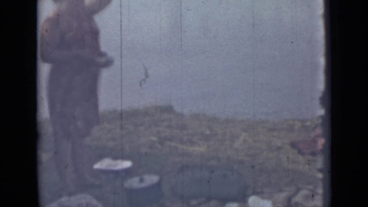 Woman standing on a grassy riverbank with small containers near the ground.