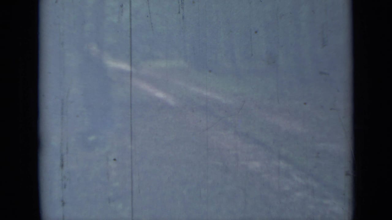 Snowy wooded scene with pale blue fading and vertical film scratches.