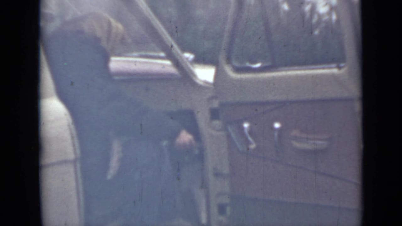 Woman in a dark coat leans into an open vehicle door.