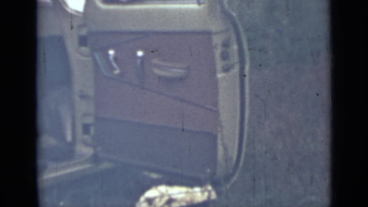 Open car door and interior panel with roadside vegetation beyond.