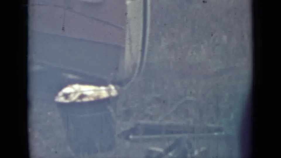 The lower portion of the open car door and roadside ground appear in a soft, scratched 8mm frame.
