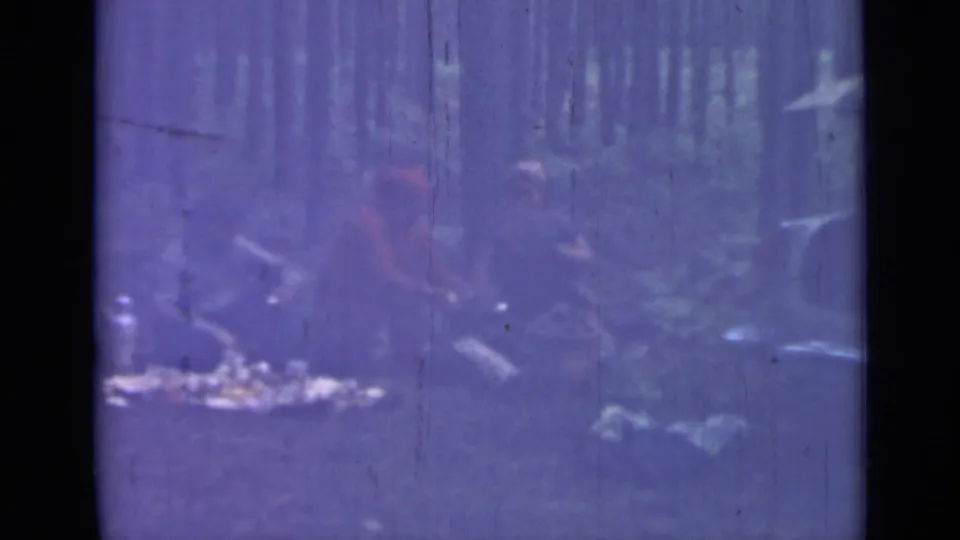 1967 8mm frame near Saint Petersburg showing people gathered in a wooded area beside a car and scattered items.